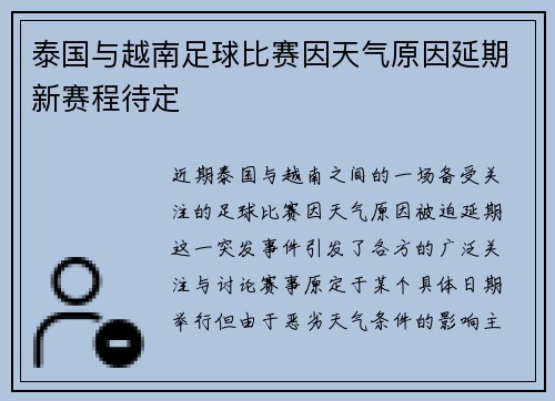 泰国与越南足球比赛因天气原因延期新赛程待定